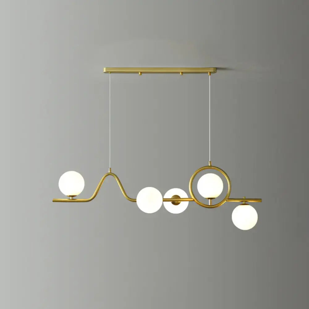 DecorBites™ modern curve island ceiling light with gold-toned metal frame and frosted glass globe shades for dining room