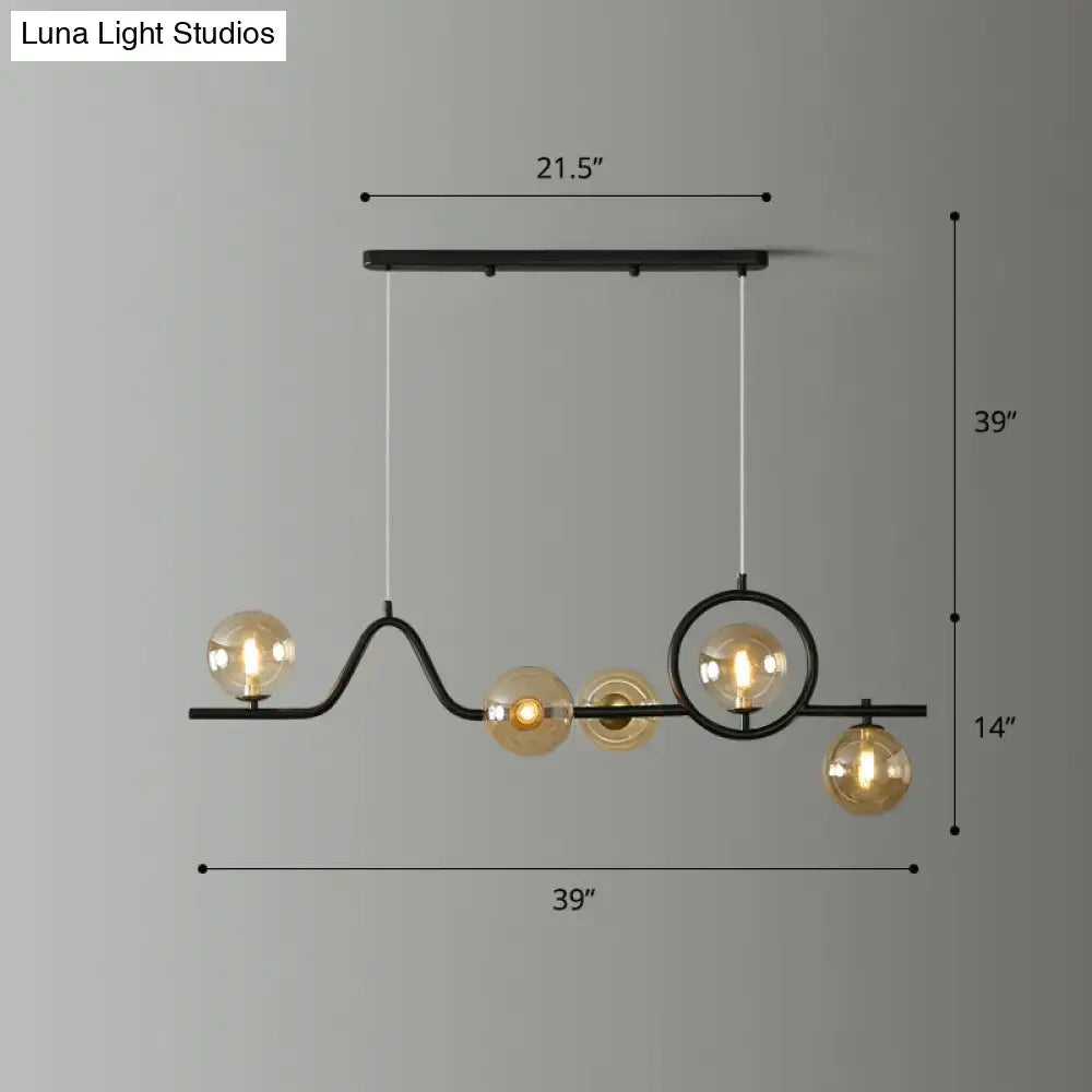 Black metal decorbites modern curve island ceiling light with five amber glass globe bulbs for dining room