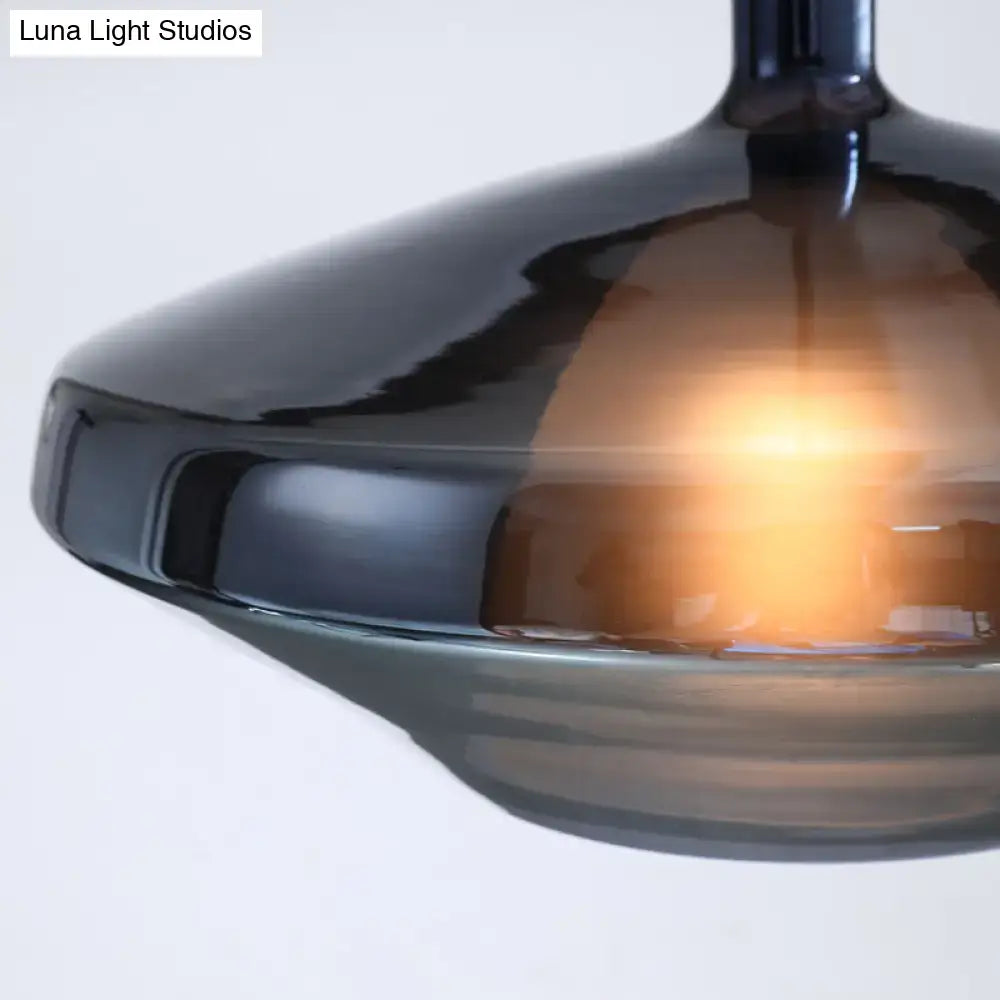 DecorBites™ modern dining room pendant light in dark amber glass features a sleek geometric shade with fixture width and height details