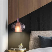 DecorBites modern pendant light with faceted amber glass shade and copper top suitable for dining room fixture width and height