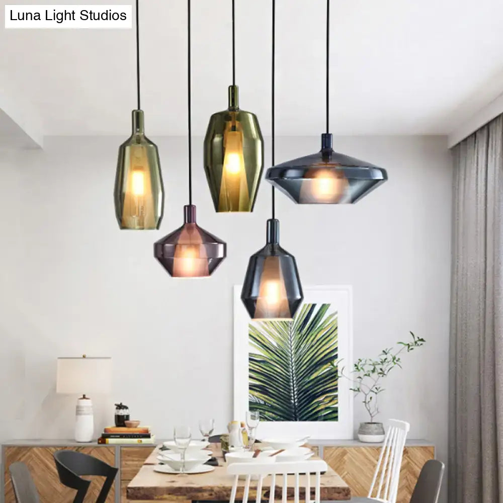 DecorBites™ modern pendant light with geometric amber, bronze, and dark gray glass shades and adjustable fixture height and width