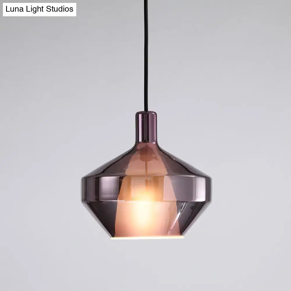 DecorBites modern dining room pendant light with geometric dark amber glass shade and polished metallic finish fixture height and width