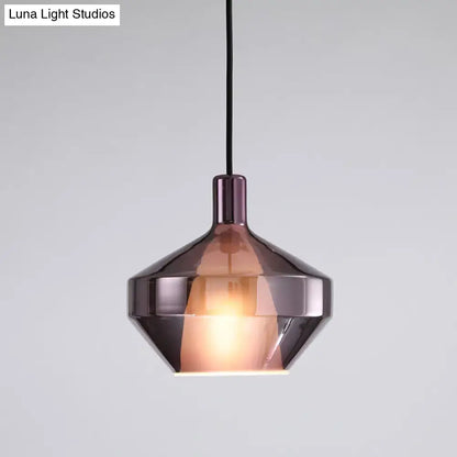 DecorBites modern dining room pendant light with geometric dark amber glass shade and polished metallic finish fixture height and width