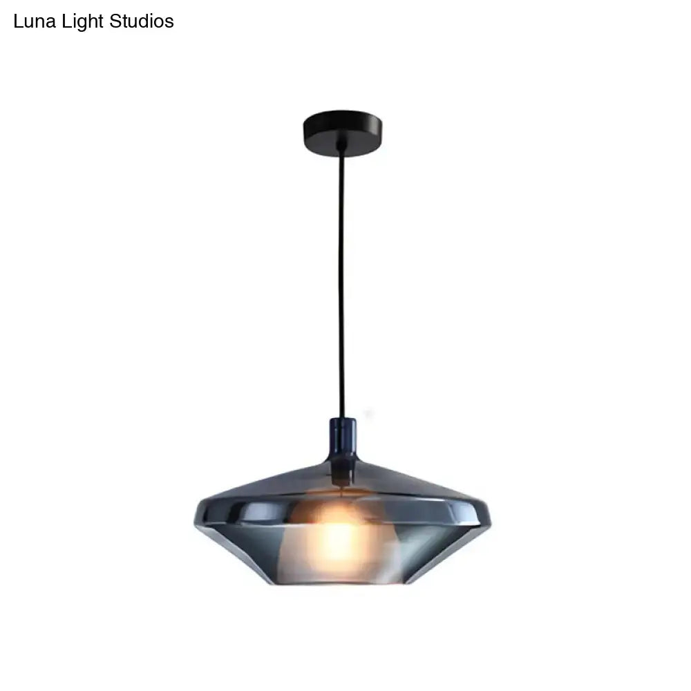 DecorBites modern dining room pendant light features a dark gray geometric glass shade with black metal hardware and fixture width and height details
