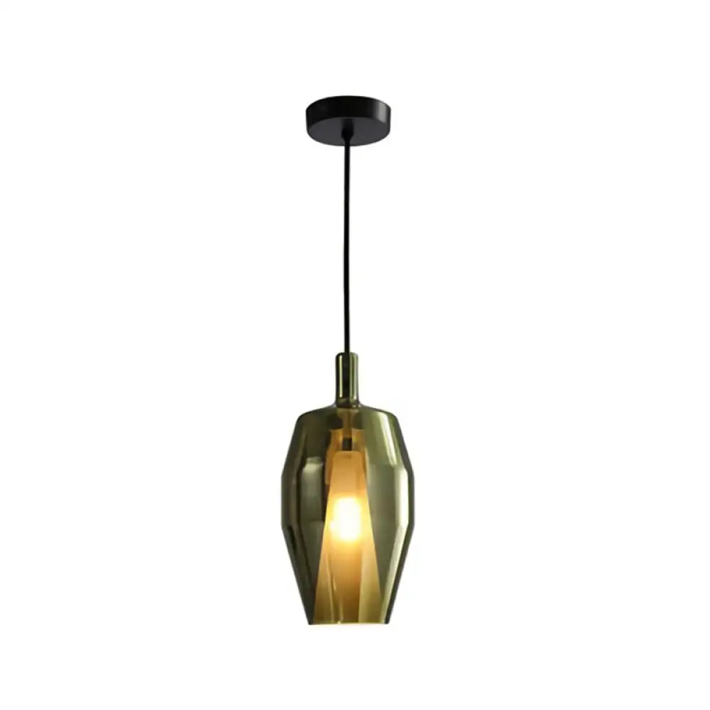 DecorBites modern pendant light with faceted amber glass shade and black metal hardware features fixture width and height