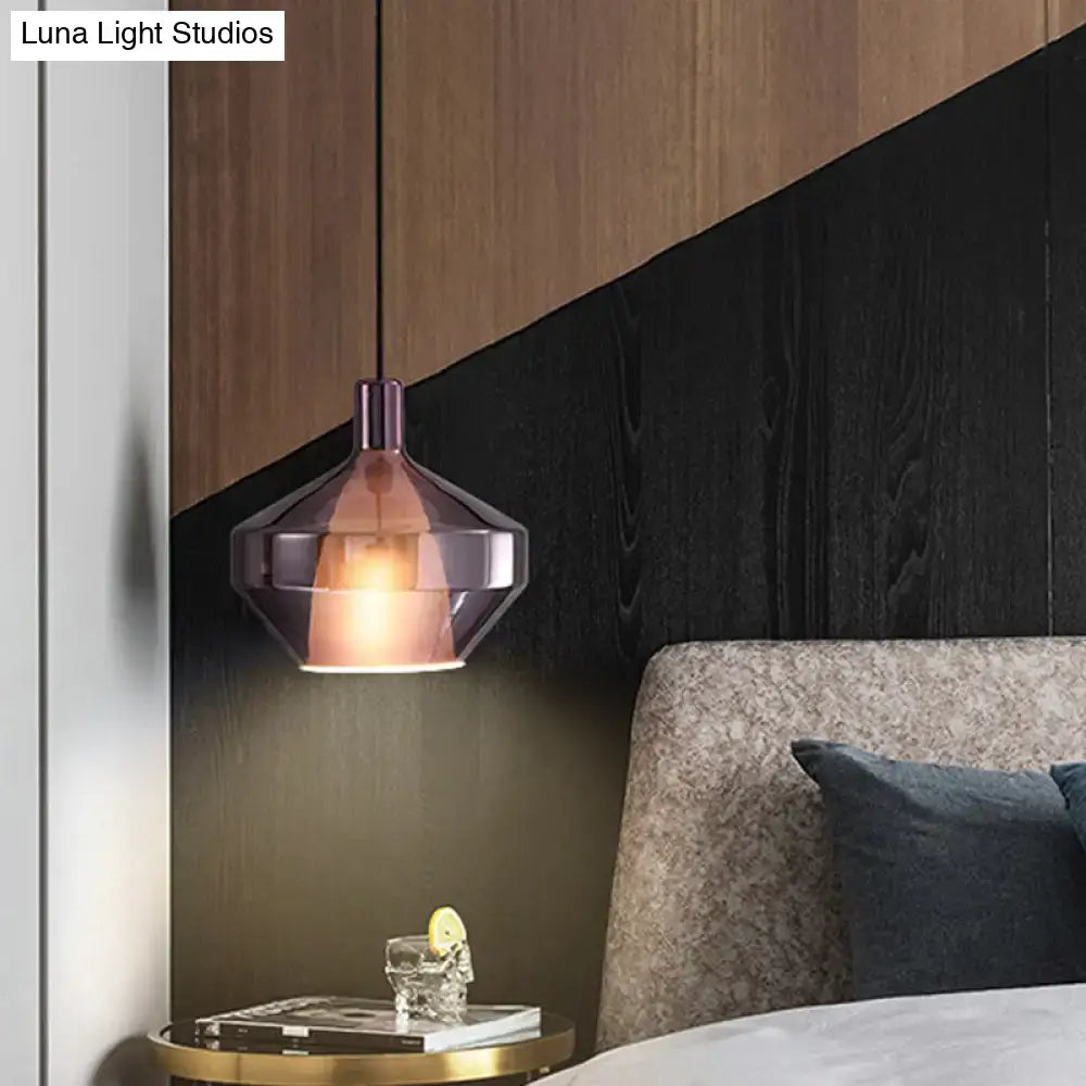 DecorBites modern pendant light with faceted amber glass shade and copper fixture, ideal for dining room, fixture width and height visible