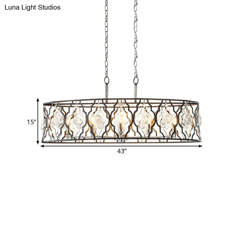 Decorbites™ modern drum frame island pendant light with black metal frame and clear crystal block accents
