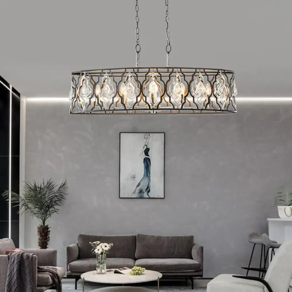 DecorBites modern drum frame island pendant light with black metal frame and clear crystal block accents hanging chains