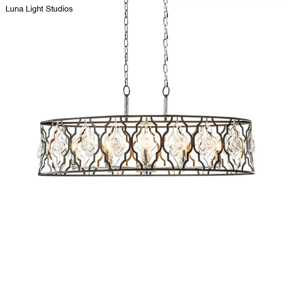 Elegant DecorBites™ black metal frame island pendant light with clear crystal accents and 8-bulb drum frame design