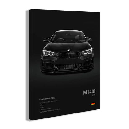 Black bmw m140i 2016 cars canvas wall art with sleek glossy finish and white text from DecorBites™ famous cars series