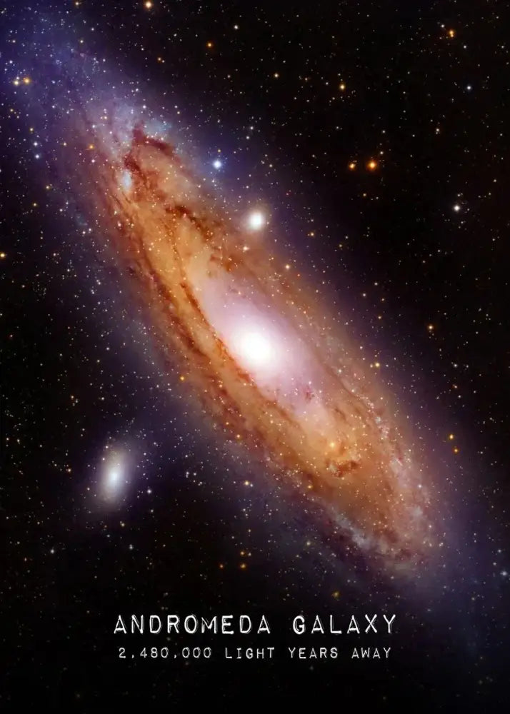 DecorBites™ modern galaxy canvas wall art featuring the andromeda galaxy with orange and pink swirling arms