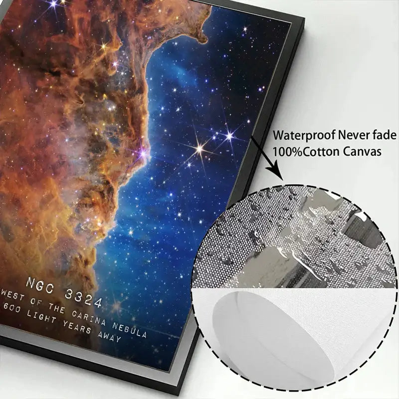 A framed DecorBites modern galaxy canvas art print with vibrant orange and blue nebula hues on 100 percent cotton wall art piece