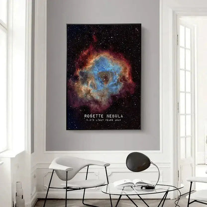 A framed DecorBites™ modern galaxy canvas wall art piece featuring vibrant rosette nebula hues on a starry background