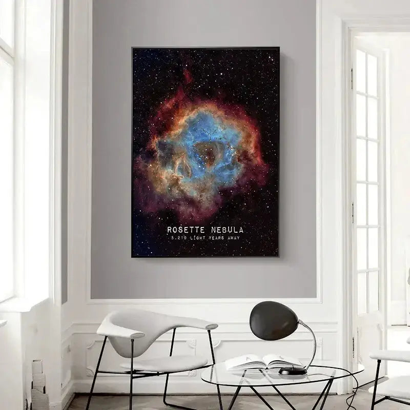 A framed DecorBites™ modern galaxy canvas wall art piece featuring vibrant rosette nebula hues on a starry background
