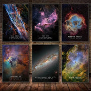 Set of six framed DecorBites galaxy canvas wall art pieces featuring vibrant nebulae and galaxies for home decor