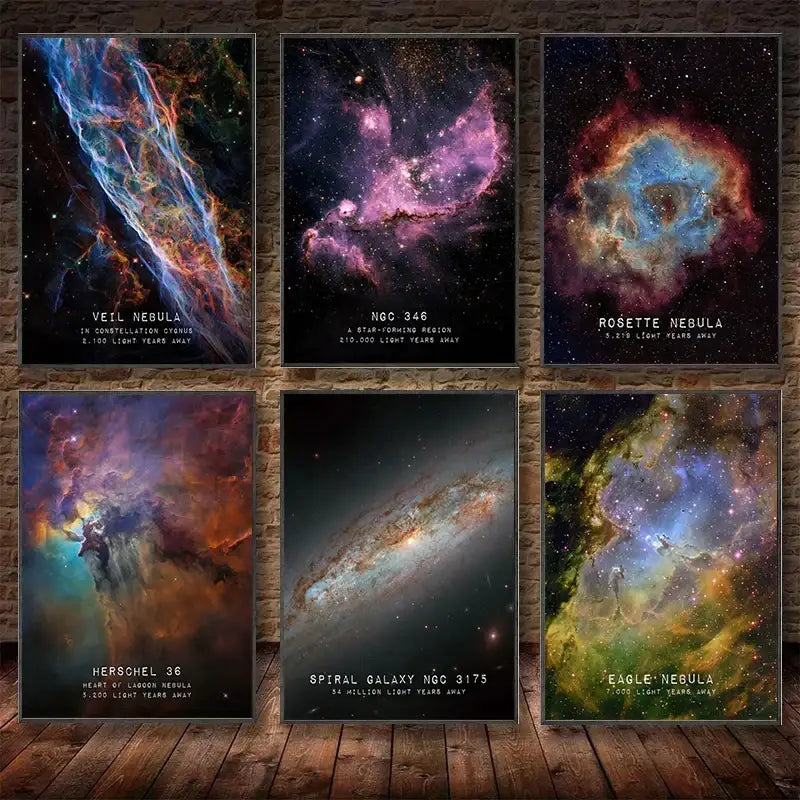Set of six framed DecorBites galaxy canvas wall art pieces featuring vibrant nebulae and galaxies for home decor
