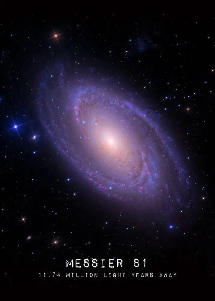 DecorBites modern galaxy canvas wall art piece featuring messier 81 spiral galaxy in vibrant purple and blue hues
