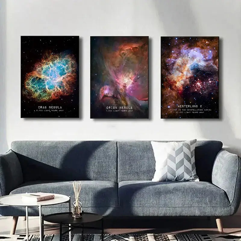DecorBites modern galaxy canvas wall art featuring framed crab nebula orion nebula and westerlund 2 nebula prints