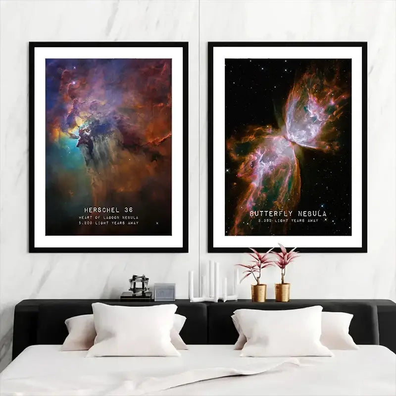 Two framed decorbites™ galaxy canvas wall art pieces featuring vibrant herschel 36 and butterfly nebula designs