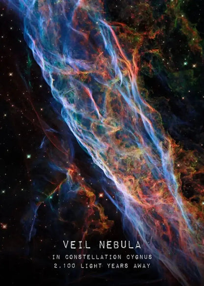DecorBites™ modern galaxy canvas wall art featuring the veil nebula in vibrant blues reds and oranges for home decor