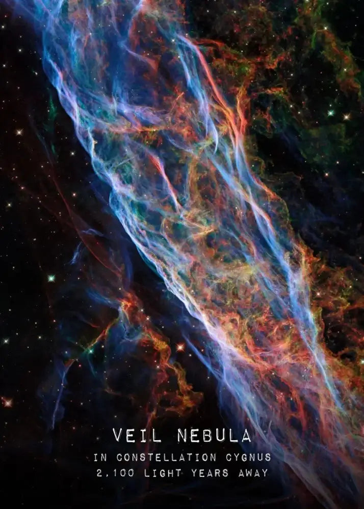 DecorBites™ modern galaxy canvas wall art featuring the veil nebula in vibrant blues reds and oranges for home decor