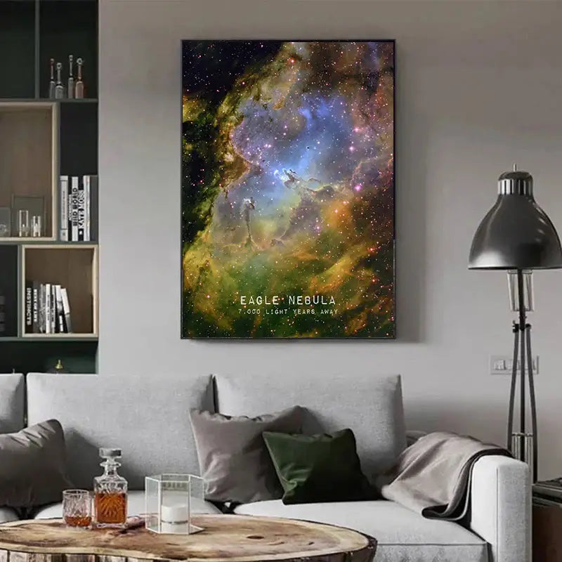 Vibrant cosmic eagle nebula galaxy canvas wall art piece with swirling blue purple green and orange hues for home decor
