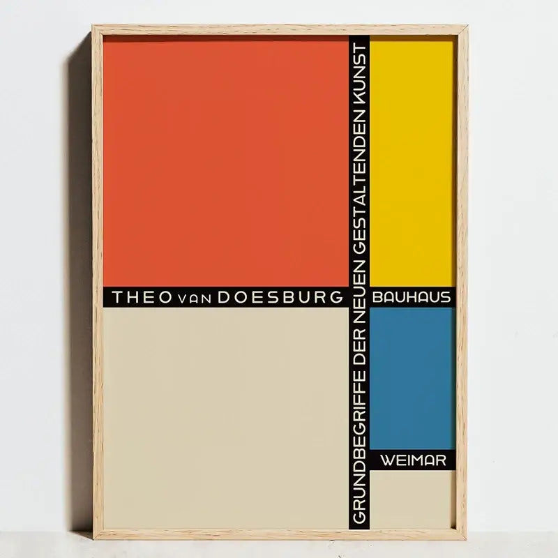 A minimalist framed poster with bold orange yellow and blue geometric bauhaus blocks and black text for bauhaus exhibition posters