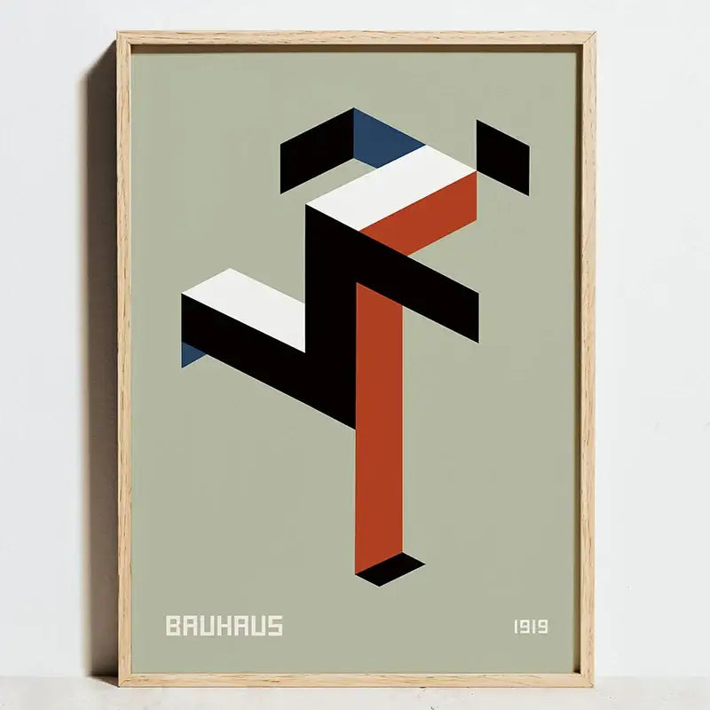 Minimalist framed poster from decorbites™ featuring a geometric bauhaus logo in black white and orange on sage green