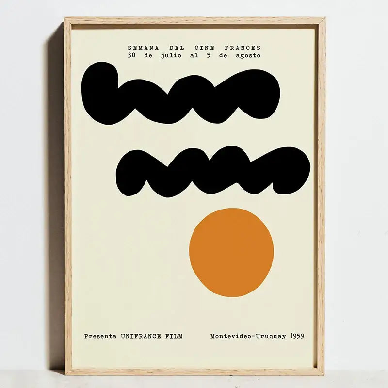 Minimalist framed poster with bold black wavy lines and orange circle on cream background in light wood frame for geometric bauhaus exhibition posters
