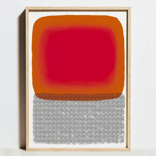 Decorbites™ modern geometric bauhaus art print with gradient orange red rectangles and black white stippled pattern in wood frame