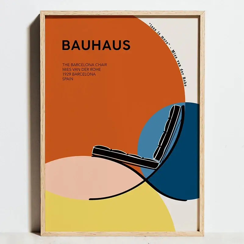 Minimalist framed poster featuring a modern geometric bauhaus canvas with a black outline bauhaus barcelona chair and vibrant colors