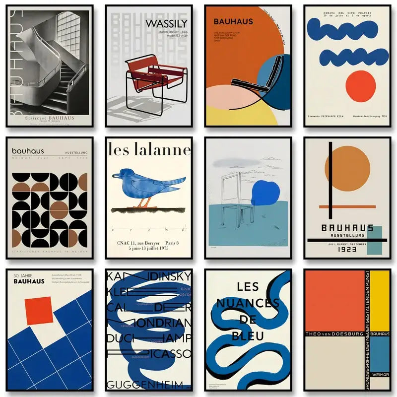 Set of twelve DecorBites™ modern geometric bauhaus canvas wall art posters in blue orange black white and beige tones