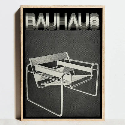 DecorBites™ modern geometric bauhaus exhibition minimalist canvas art with black and white chair design framed by light wood
