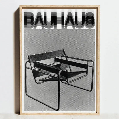 Black and white geometric bauhaus exhibition poster featuring a minimalist light wood frame chair design from decorbites modern collection