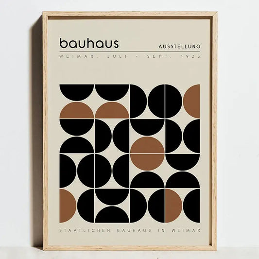 A minimalist framed canvas art poster featuring a geometric bauhaus exhibition pattern in black and tan on off-white background