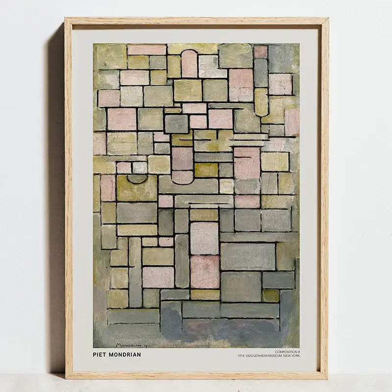 A framed abstract painting by Piet Mondrian with muted greens pinks and grays in geometric bauhaus exhibition posters style