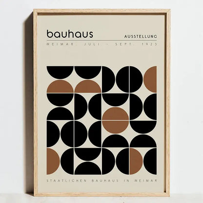 Minimalist framed decorbites™ canvas print with geometric bauhaus exhibition pattern in black and tan circles on off-white