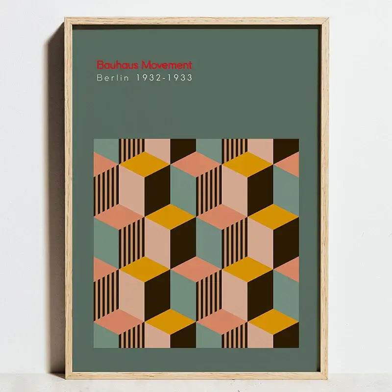 A framed decorbites™ modern geometric bauhaus exhibition print canvas with interlocking cubes in muted peach and teal