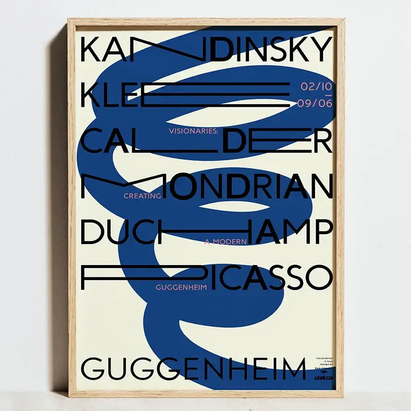 A framed decorbites™ modern geometric bauhaus wall art print with black typography blue swirls on cream in light wood frame