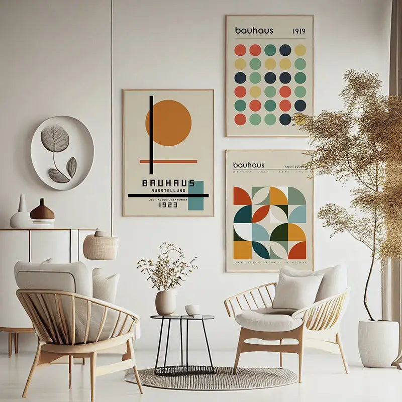 Decorbites™ modern geometric bauhaus wall art print featuring minimalist beige bauhaus movement design in muted earth tones