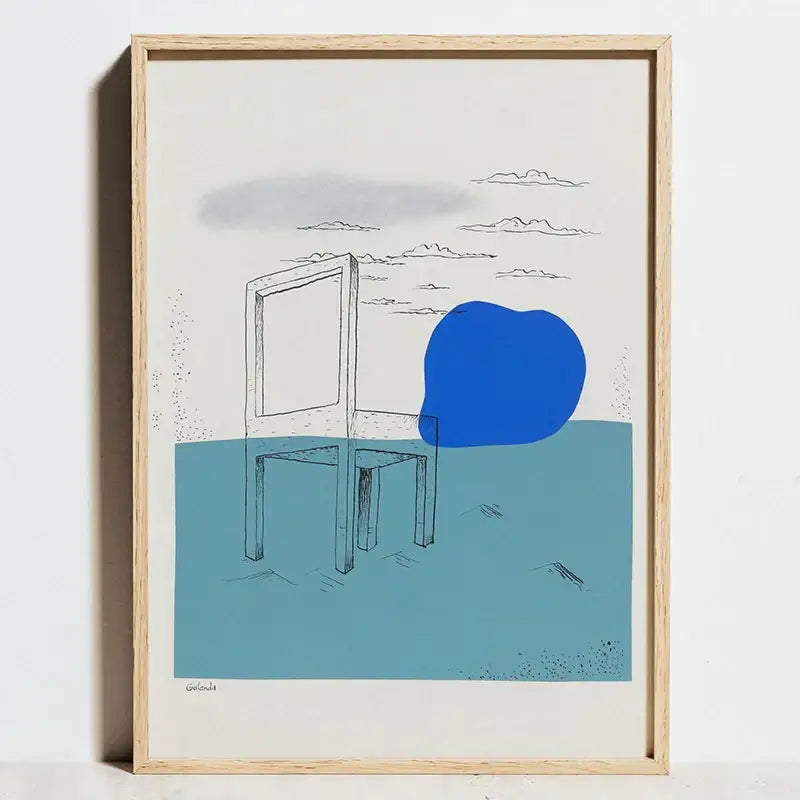 Minimalist framed artwork print featuring a stylized chair with bold blue shapes in modern geometric bauhaus style