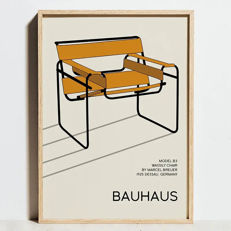 A minimalist modern geometric bauhaus wall art print featuring a stylized orange and black wassily chair framed in light wood
