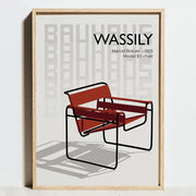 A minimalist poster featuring a stylized red and black wassily chair in light wood frame from decorbites modern geometric bauhaus wall art print
