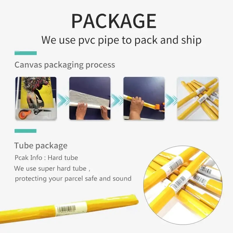Yellow pvc pipe packaging tubes with white labels and barcodes for decorbites™ modern geometric bauhaus wall art print