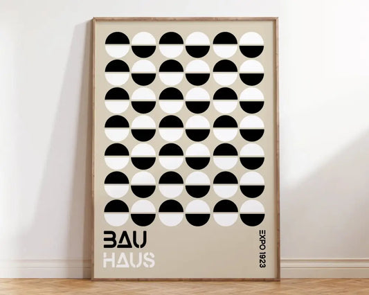 Minimalist decorbites™ modern geometric canvas print featuring black and white half-circles on beige background