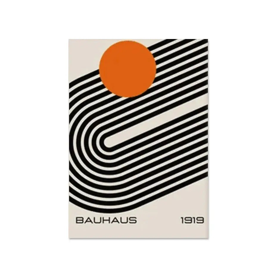 DecorBites™ modern geometric canvas wall art print with bauhaus-inspired black and white stripes and orange sun on cream background