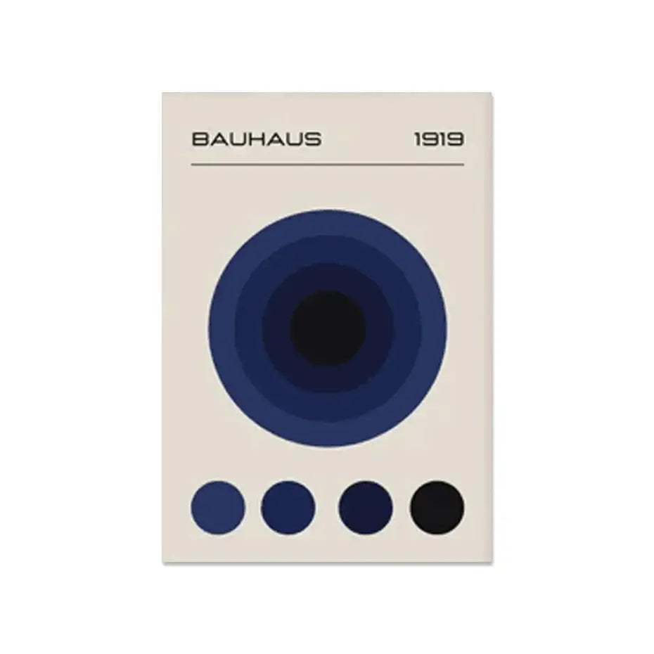 Decorbites modern geometric canvas wall art print with minimalist blue concentric circles on cream background and color swatches