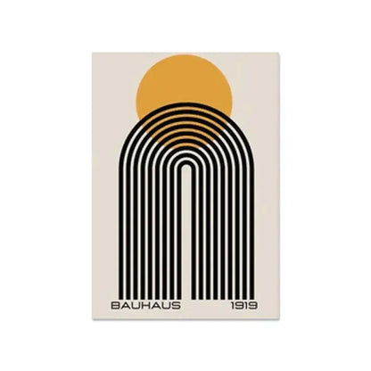 DecorBites™ modern geometric canvas wall art featuring bold black arches and an orange sun on beige background