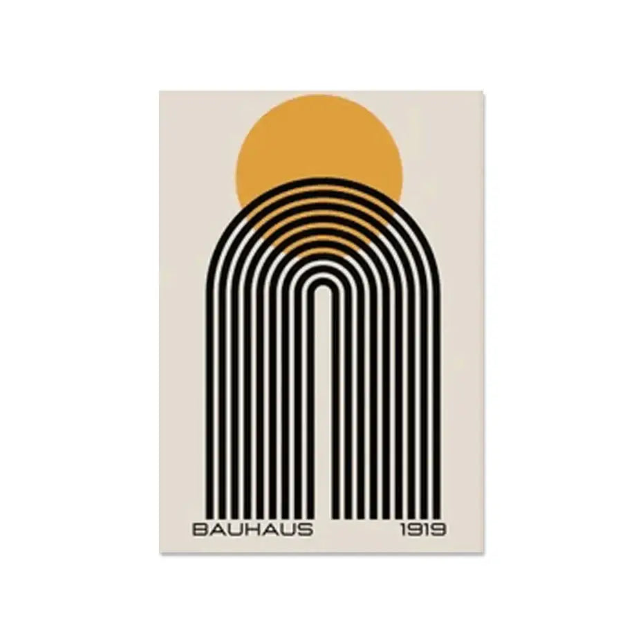 DecorBites™ modern geometric canvas wall art featuring bold black arches and an orange sun on beige background