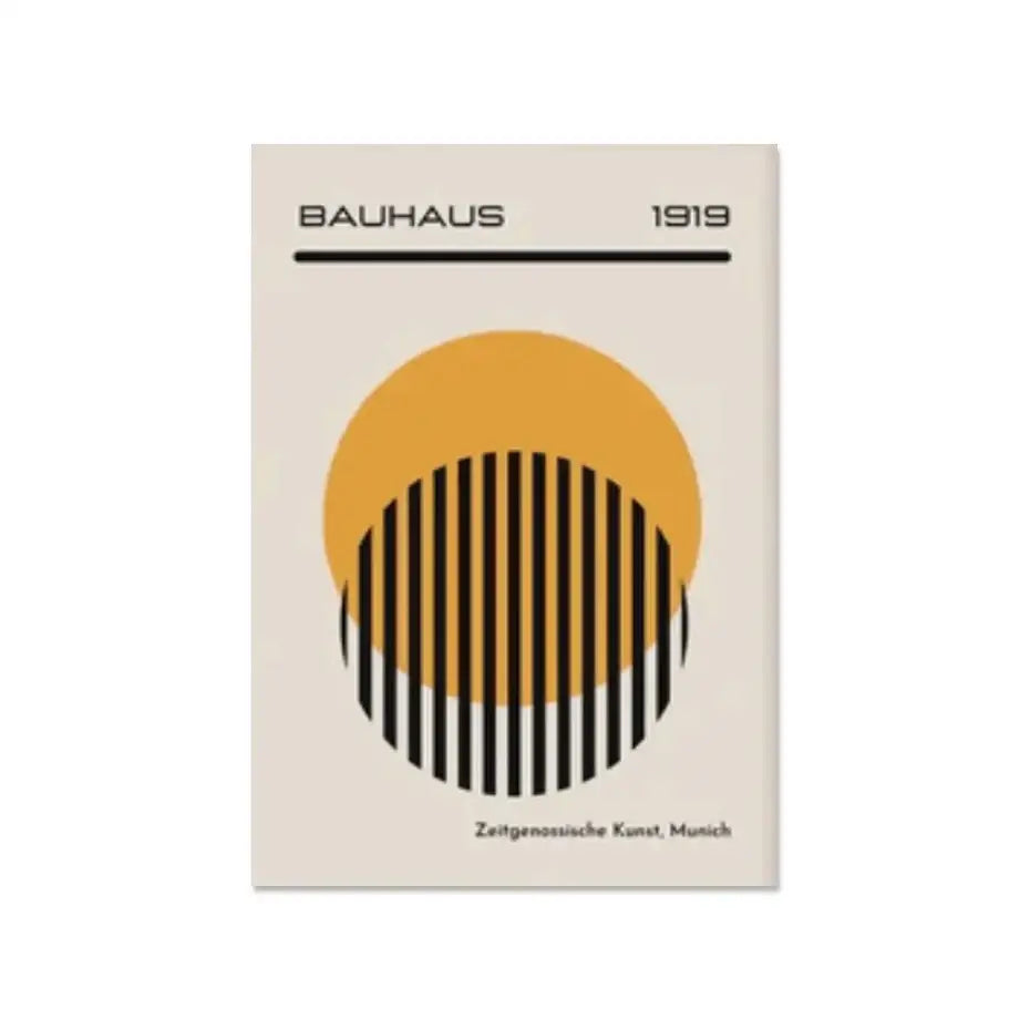 Minimalist bauhaus wall art featuring a bold mustard-yellow circle with black stripes on off-white geometric canvas wall